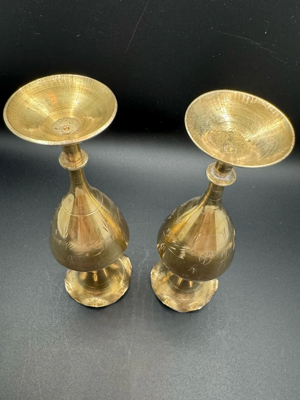 Vintage Solid Brass Etched Vases Pair of 2 Table Decor